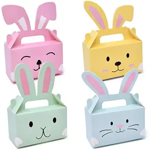 Gift Boutique 24 Pack Easter Treat Boxes Bunny Cardboard Favor Boxes with Handle Bunnies Rabbit Ears Basket Containers Cookie Goody Box Holder for Spring Kids School Classroom Party Decorations