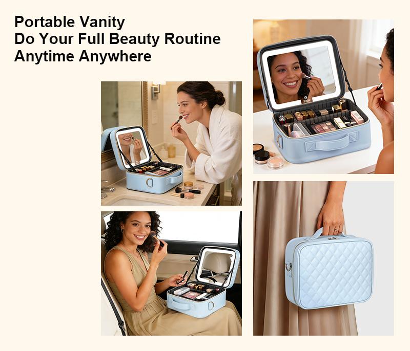 Makeup Bag with LED Mirror, Light Travel Makeup Train Case for Women, Cosmetic Bag Organizer, Portable Artist Storage Bag with Adjustable Dividers Makeup Brushes Storage Organizer and 3 Color Lights