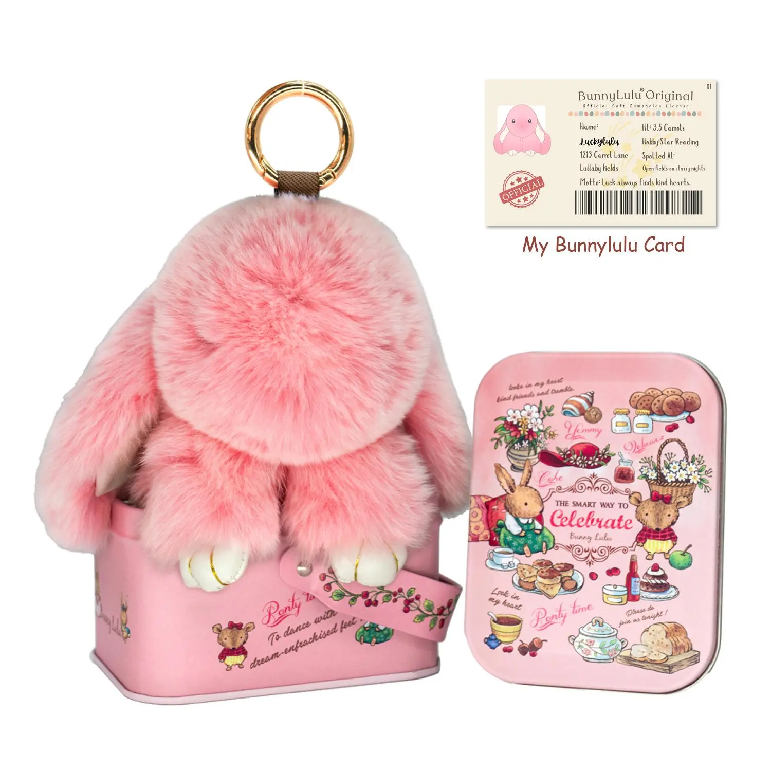 BunnyLulu Handmade Fluffy Rabbit Keychain - 5.8in Kawaii Animals Charm, Designer Tin & Certificate Card, Unisex Bag/Backpack Accessory, Anniversary Collectible Gift