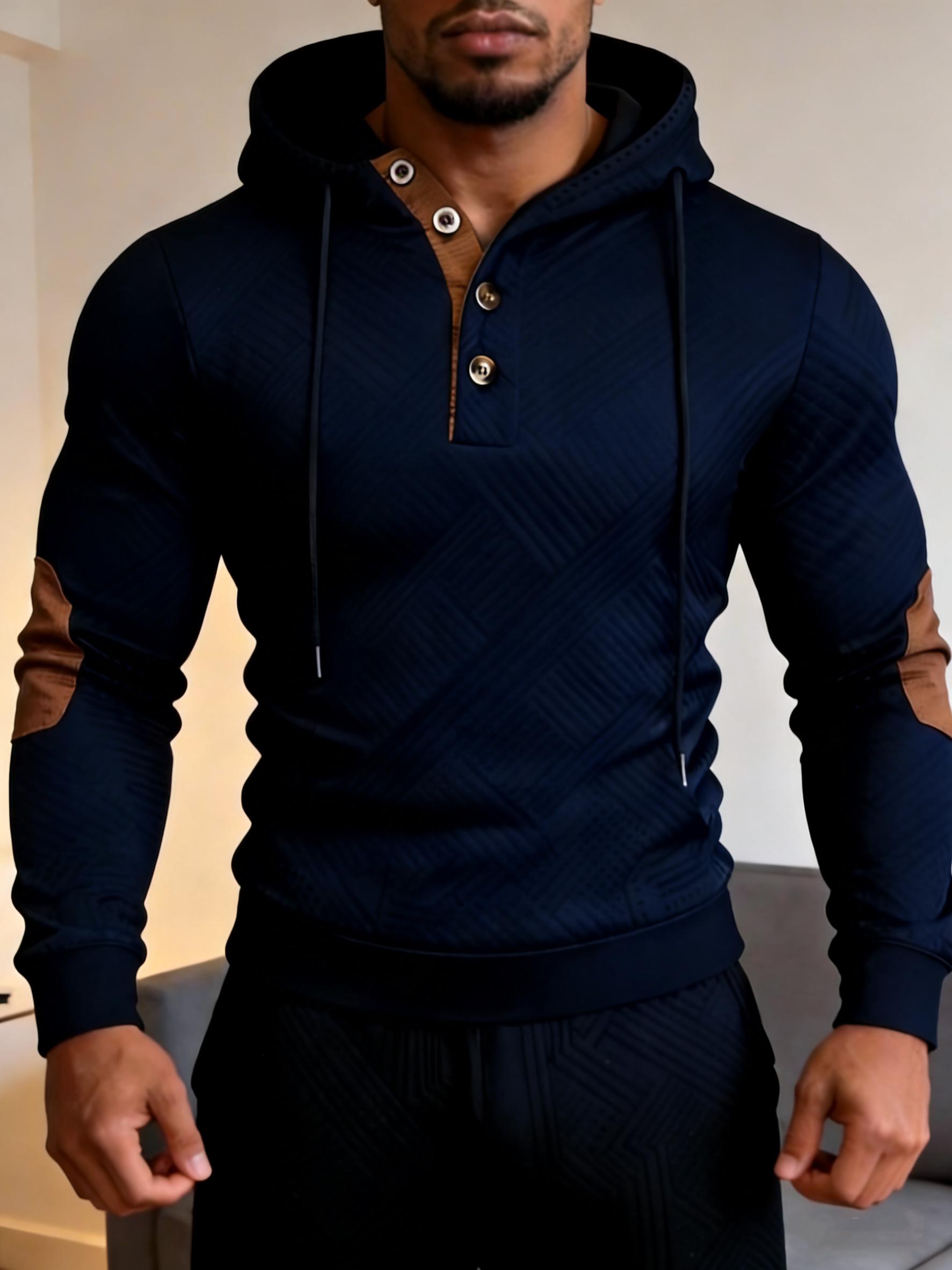 Men's slim fit hooded jacquard top with half open button design, elastic sports and casual sweatshirt