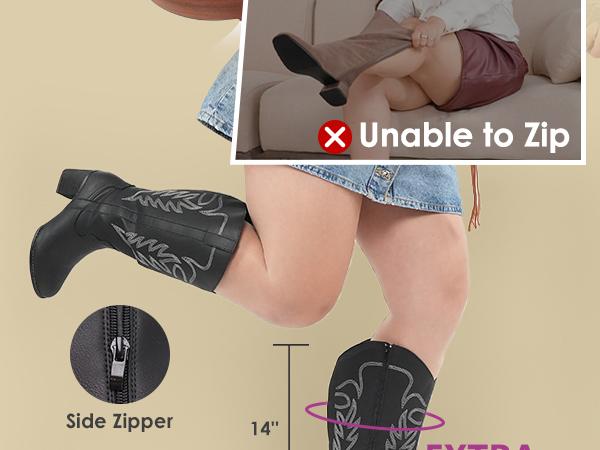 Women's Extra Wide Calf Cowboy Boots Wood Embroidered Western Cowgirl Knee High Boots Footwear Decor Red Leather