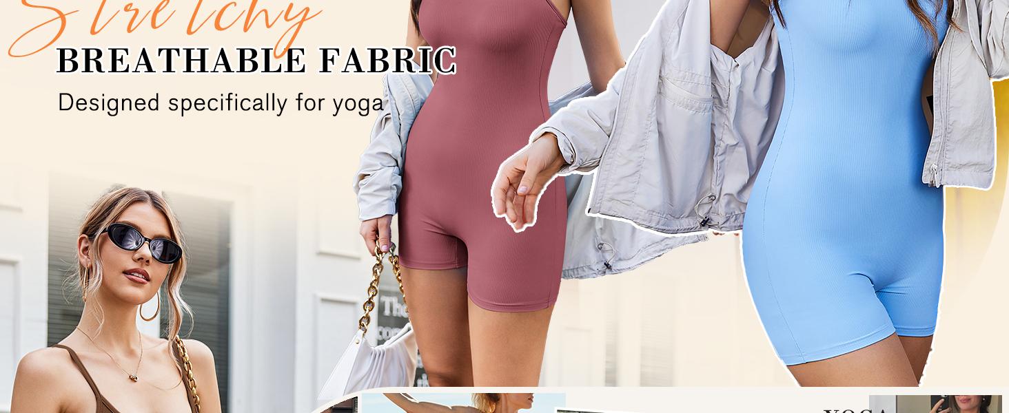 EKOUAER Womens Workout Romper Ribbed Unitard Stretch One Piece Short Jumpsuits Yoga Sleeveless Adjustable Outfits 2025