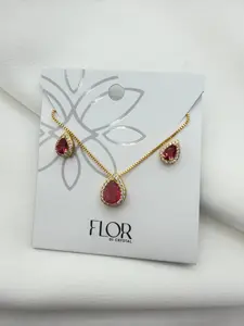 FLOR Luxury Teardrop Red CZ Necklace & Earring Set - Nickel-Free 18k Gold Plated Jewelry for Sensitive Skin