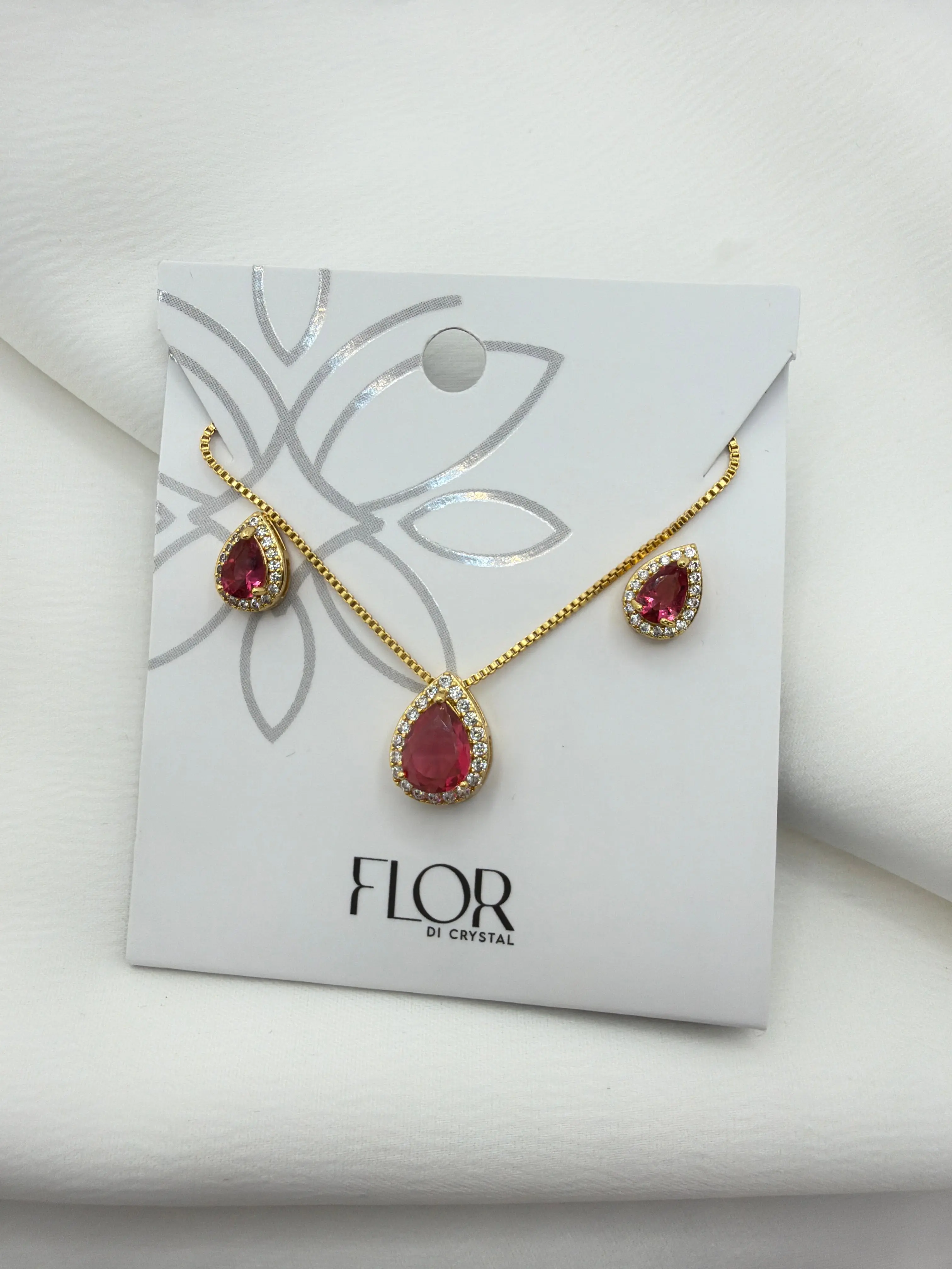 FLOR Luxury Teardrop Red CZ Necklace & Earring Set - Nickel-Free 18k Gold Plated Jewelry for Sensitive Skin
