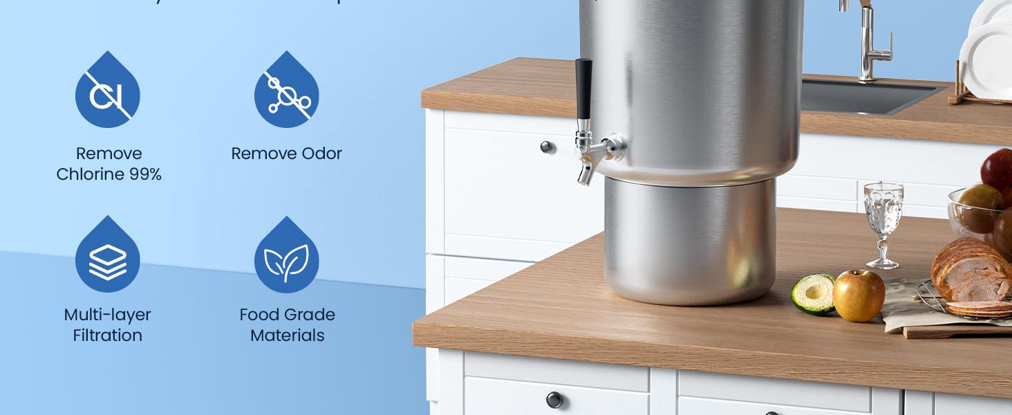 Glacier Fresh 2.25G Countertop Gravity-Fed Stainless Water Filter System with Nanofiber Filter for PFAS Microplastic Bacteria Virus Removal