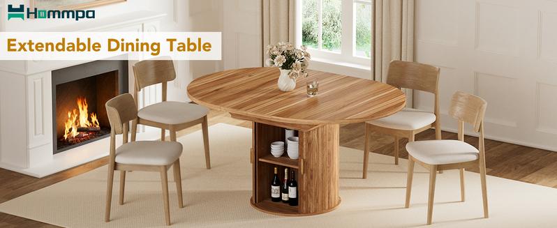 HOMMPA 43.3in-59in Extendable Round Dining Table for 4-6 Modern Kitchen Oval Dining Table with Storage Wood Circle Dinner Room Table for Kitchen Living Room Walnut