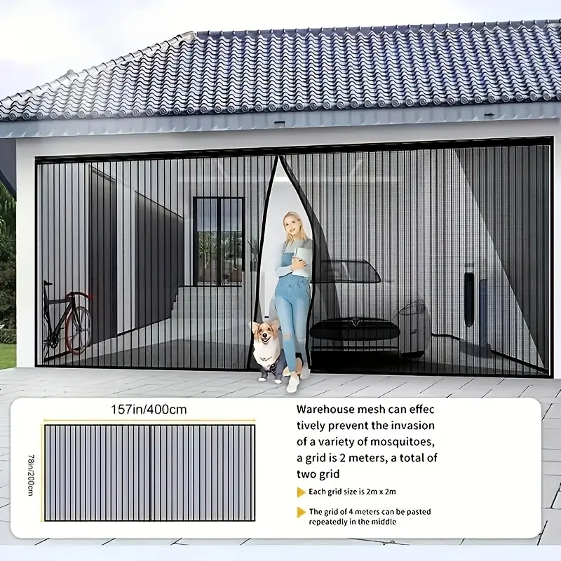 Heavy-Duty Fiberglass Garage Screen Door (157x78in) - Insect-Proof Mesh Curtain, Auto-Close Hands-Free, Wind Weight Bar, Ceiling Tie-Up Straps, No-Drilling Easy Install for Garage, Deck, Porch