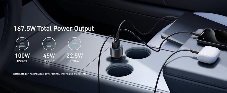 Anker 167.5W 3-Port USB-C Fast Car Charger, Compact Design, Simultaneous Charging for iPhone 17/16 Series, MacBook Pro/Air, Samsung Galaxy S24/S23, AirPods, and More