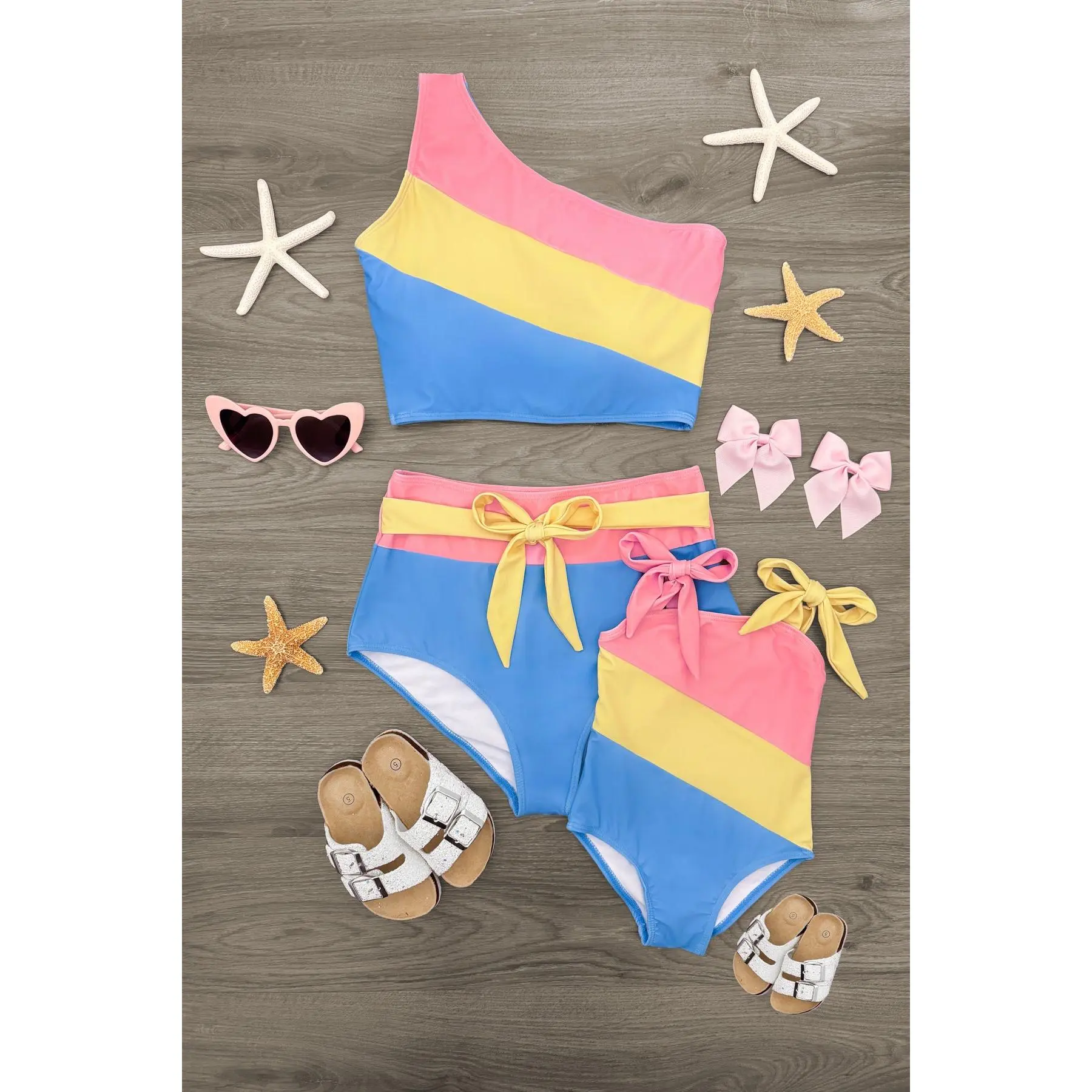 Women's & Kids' Family Matching Sleeveless Swimwear Set - Cute Light Pink-Yellow-Blue Striped Comfy Fit Beach Swimsuit with Bottoms, Breathable Fabric, One Piece
