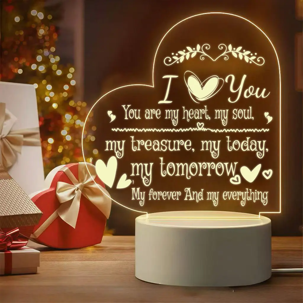 Heart Shaped Acrylic Night Light with Engraved Love Message, USB-Powered Warm White LED Lighting, Acrylic Panel Heart-Shaped Ornament, Light-Up Decor, Bedroom Decor & Valentine's Day Gifts for Boyfriend