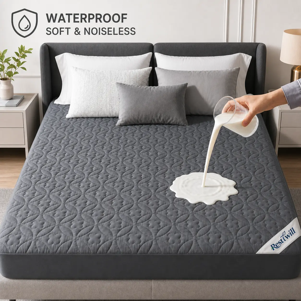 Waterproof Quilted Mattress Protector, Soft Noiseless Fitted Mattress Pad with Deep Pocket, Breathable Machine Washable Bed Cover, Twin Full Queen King, White/Gray homeessentials homemakeover tiktokshopbacktoschool