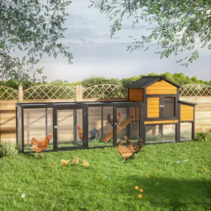 Outdoor Wooden Chicken Coop with Run 7 Doors Pull-Out Tray Nesting Box & Ramp Backyard Poultry House for 2 4 Chickens Expandable Design