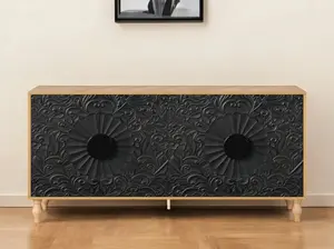 68" Natural and Black Distressed Carved Floral Sideboard – Four Door Storage Cabinet
