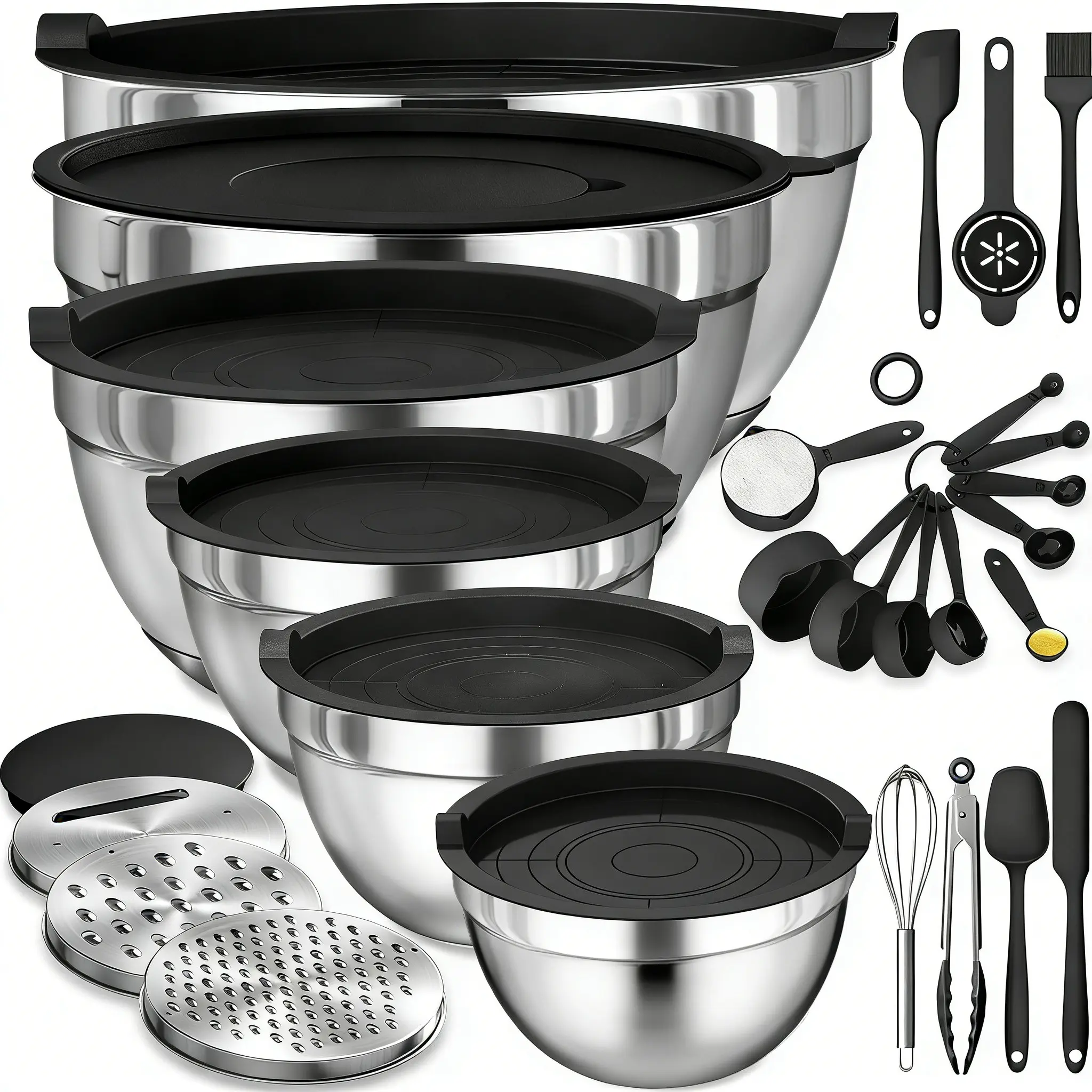 21-Piece Stackable Stainless Steel Nesting Bowl Set with Lids, Graters, Whisk - Camping Picnic Kitchenware Kit for Baking Supplies, Mixing, Handling Busy Kitchen Life, 21-Pieces Covers Prep Needs