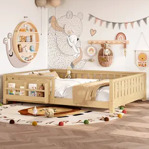 Bed Frame with Built-in Bookshelf & Safety Guardrails - Solid Wood Low Profile Floor Bed, Sturdy Stable Bed with Storage Shelf for Bedroom, No Box Spring Needed