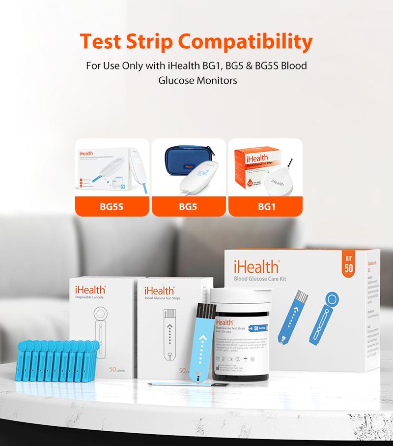 iHealth Glucose Test Strips 50/100 Count No Coding Blood Sugar Test Lancets for Diabetes Management Compatible with iHealth Monitor Only Healthcare Kit