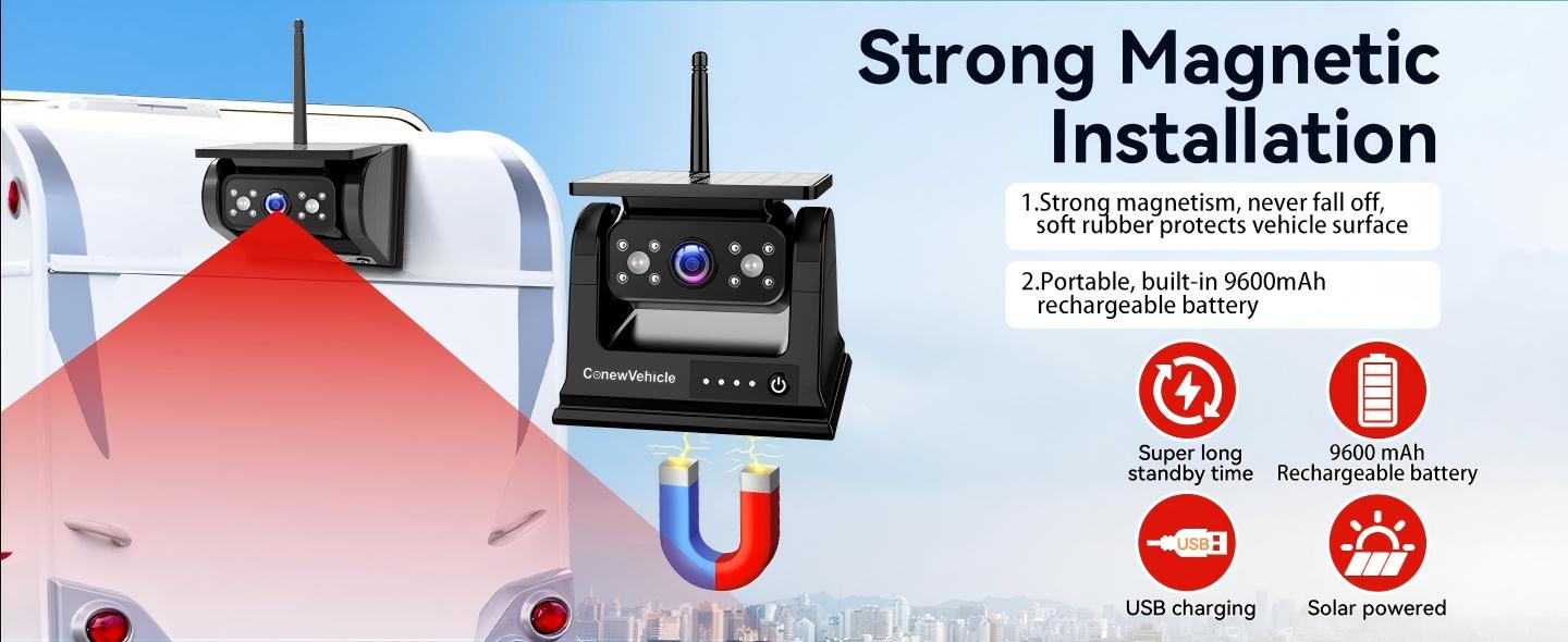 ConewVehicle Magnetic Solar Wireless Backup Camera with 5-inch HD Monitor,1080P Rear View for Car/Truck/RV/Trailer/SUV/Camper,Nightvision,Waterproof,Dash Cam,Parking Assist,Easy Install