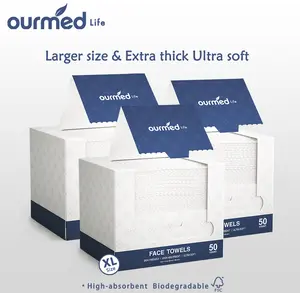 Ourmed Life Disposable Face Towels 11"x9"Large size Ultra-Soft – Thickened, Lint-Free, Plant-Based, Dual-use for wet and dry High-Absorbent Sensitive Skin, Washing Face Makeup Removal & Skincare (50/100 Count)
