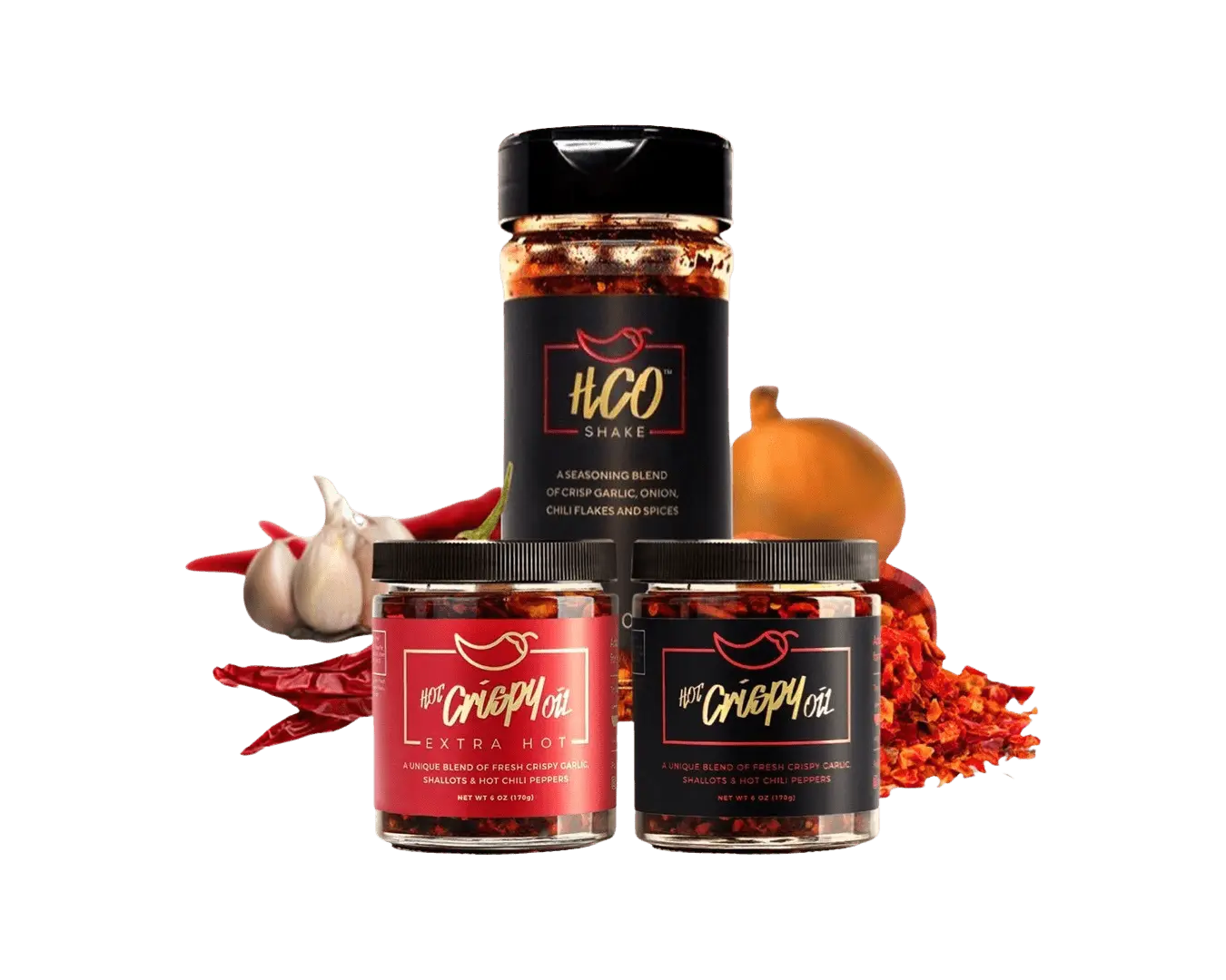 HCO Assorted Flavor Spicy Condiments Sampler Pack - Original Crispy Hot Sauce Oil, Extra Spicy Chili Variant, HCO Shake - Low Calorie, Rich Flavor Dip for Heat Enthusiasts, Ambient Room Temp Pantry Staple