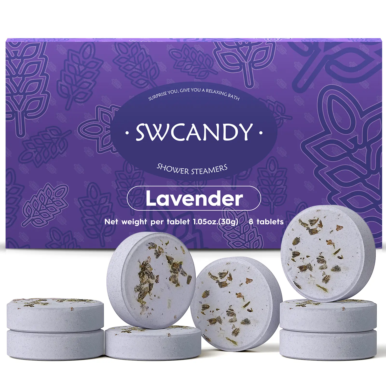 SWCANDY Lavender Aromatherapy Shower Steamers - 8-Pack Natural Essential Oil Shower Bombs, Relaxing Stress Relief Body Care Gift Set with Long-Lasting Scent