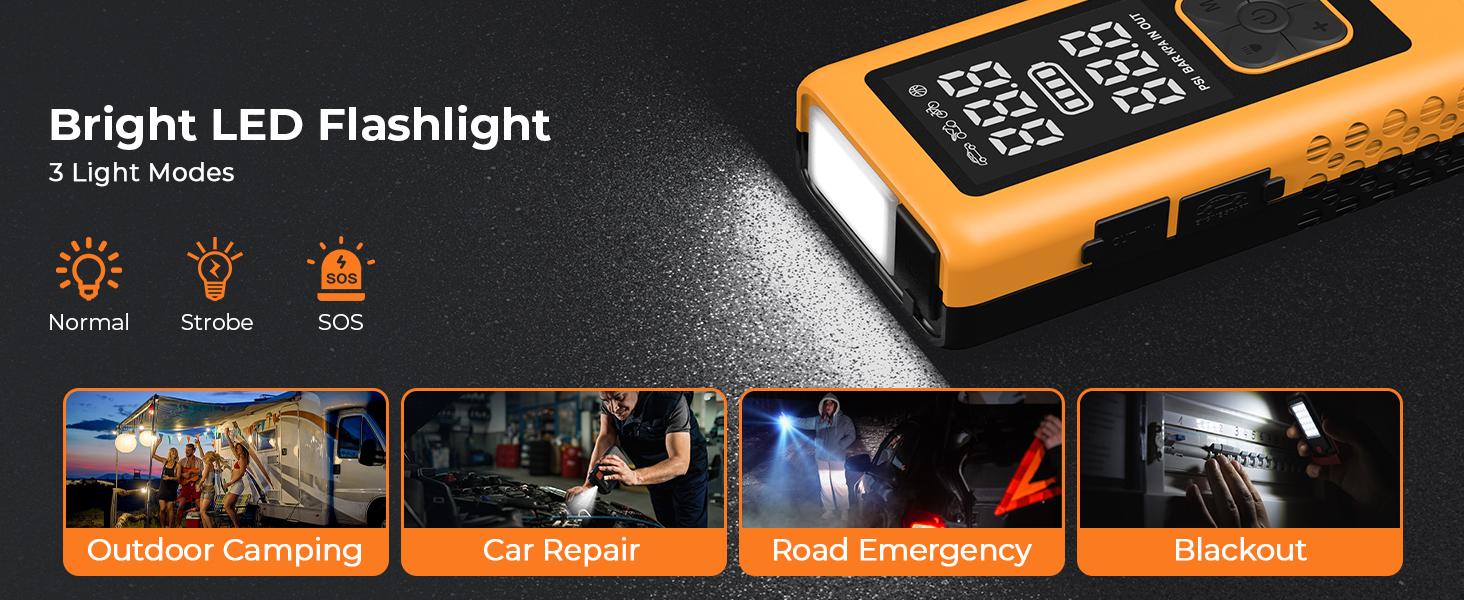 14000mAh Ultra-Safe Jump Starter with 150 PSI Air Compressor 45W Fast Charging Tire Pressure Check LED Light Jumper Cables Air Hose Storage Bag 4-in-1 Charging Cable