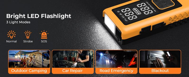 14000mAh Ultra-Safe Jump Starter with 150 PSI Air Compressor 45W Fast Charging Tire Pressure Check LED Light Jumper Cables Air Hose Storage Bag 4-in-1 Charging Cable