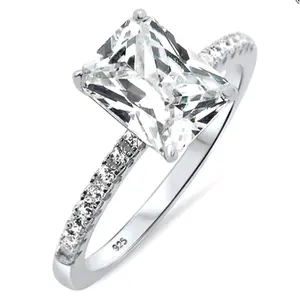 Starlette Katherine Ring | 2 Carat Emerald Cut Center Stone | Plated in Rhodium | Simulated Diamond Engagement Ring