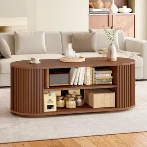 ONBRILL 47" Multi-Functional Coffee Table with Storage, Oval Coffee Table with Vertical Striped Sliding Door & Round Base, Mid-Century Modern Center Table with Adjustable Shelf for Living Room