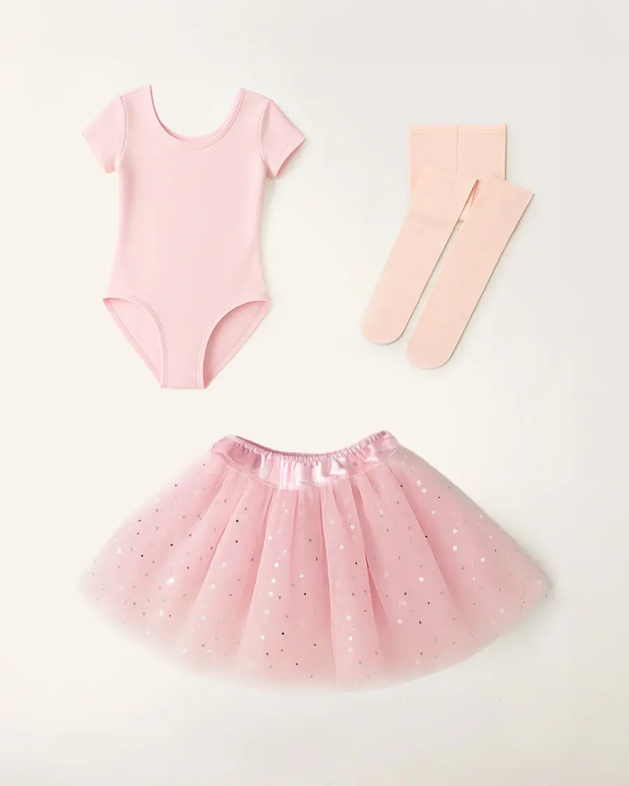 Girls Ballet Leotard Starter Kit (Short Sleeves Leotard & Sparkling Tulle Skirt & Tights)