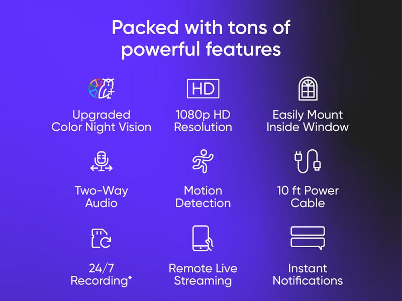 Wyze Window Cam — Wired 1080p HD Window Mount Security Cameras, Alexa & Google Assistant Smart Home Compatible, Upgraded Color Night Vision, 24/7 recording w/ Micro SD, AI-Powered Motion Detection, Safety