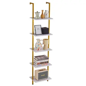 Industrial Square Pipe Five-Tier Wall-Mount Shelf In Gold And White Finish, 15.6 X 11.8 Inches, Space-Saving Metal Shelving Unit For Living Room, Kitchen, Office And Garage, Modern Industrial Decor, Sturdy Construction