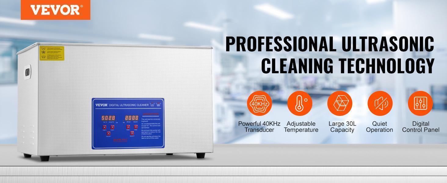 VEVOR Professional Ultrasonic Cleaner, Max. 30L Ultrasonic Jewelry Cleaner with Digital Timer & Heater, Stainless Steel Industrial Sonic Cleaner 40kHz for Glasses, Watches, Rings, Small Parts