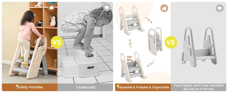 Dripex Foldable 3-Step Stool with Handles, Adjustable Toddler Step Stool for Bathroom Sink, Potty Training & Kitchen Helper Plastic Ladder for Kids