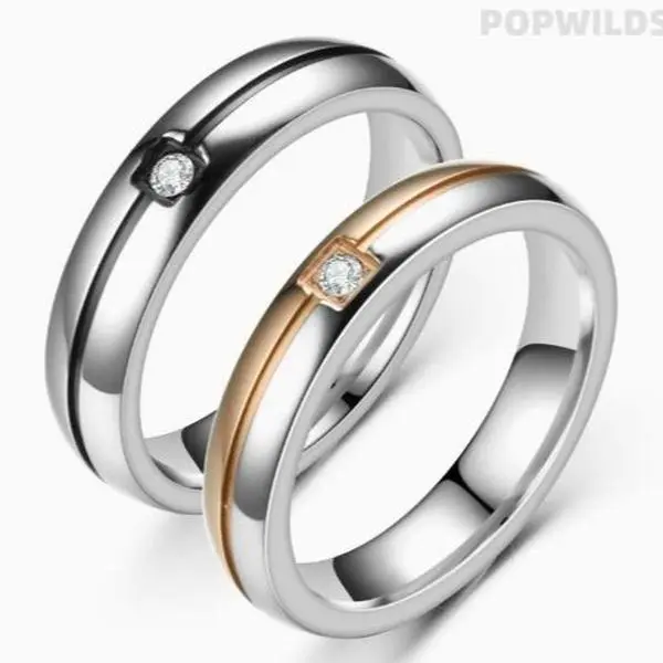 Couple Rings Set, 2pcs Titanium Steel Engagement Rings for Men and Women, Black & Rose Gold Matching Bands with 4mm Inlaid Square Diamond, Engagement Ring