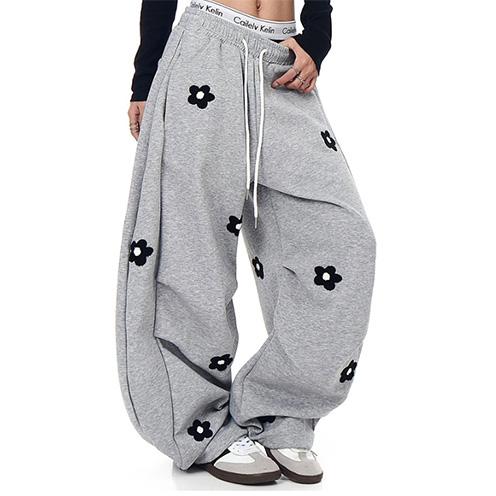 TELLFUN 2026 Unisex Floral Embroidery Baggy Barrel Sweatpants Elastic Waist Drawstring Casual Y2K Streetwear Loose Fit Vintage Joggers