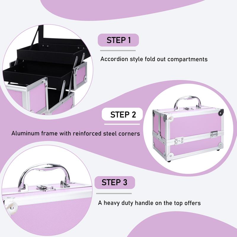 Portable top Double open aluminum alloy pink cosmetic case with mirror
