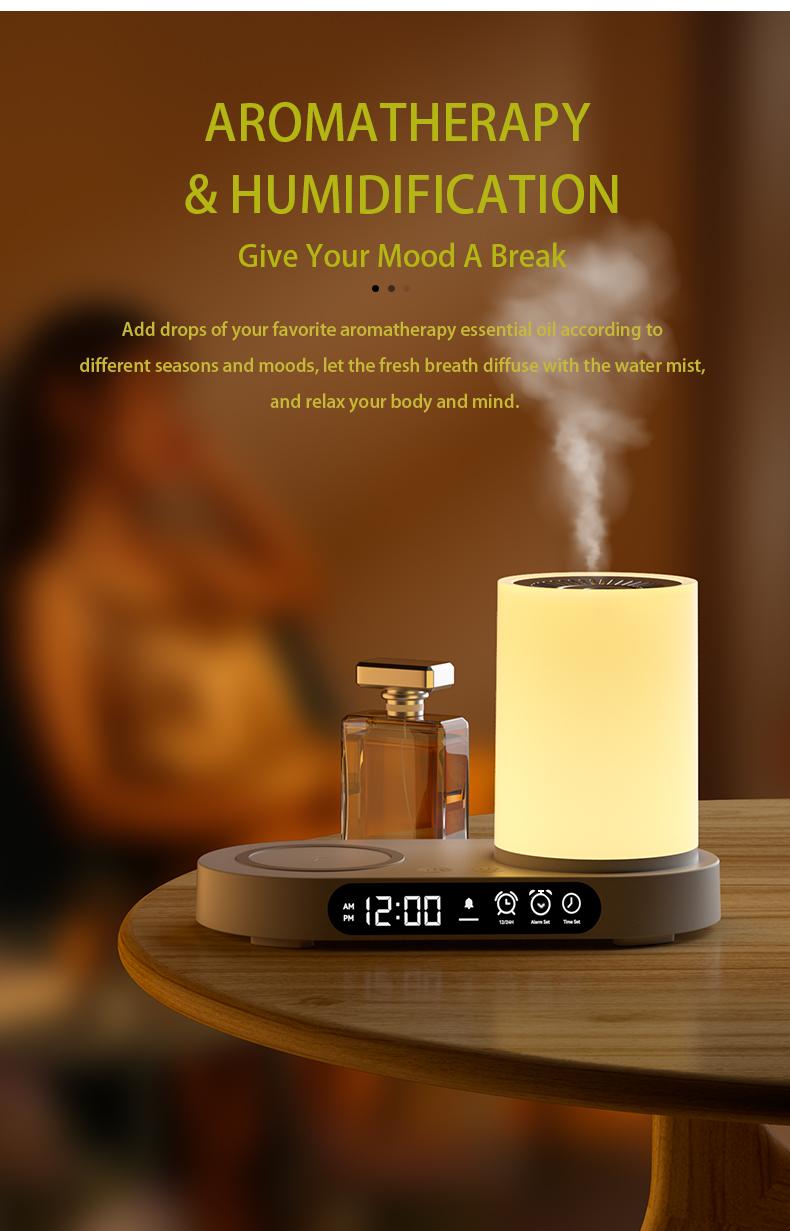 【CLEARANCE SALES】DOMEIU Multi-function automatic shut-off air humidifier bedroom chargers , aroma diffuser,  wireless charging, Bluetooth speaker. 7 color light, alarm clock,  Automated Aromatherapy .Limited-time flash sale products