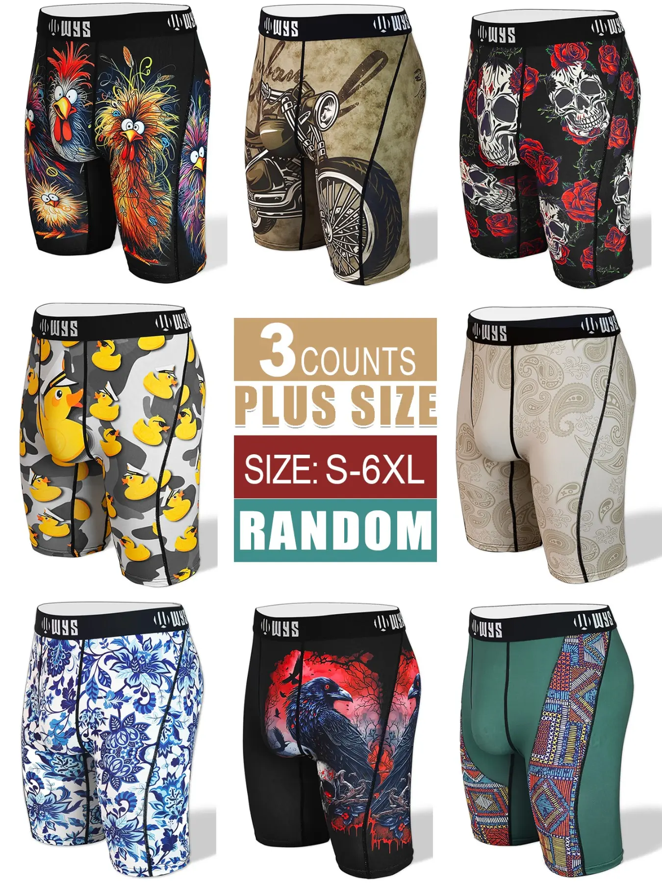 Men's Long Brief Underwear, Stretchy Boxer Briefs, Casual Boxer Briefs, 3-Pack Multi-Color, Halloween Skull Wolf Motorcycle Design, Novelty Print Briefs, Moisture-Wicking, Anti-Chafing, Quick-Dry, Breathable, Boxer Briefs Set