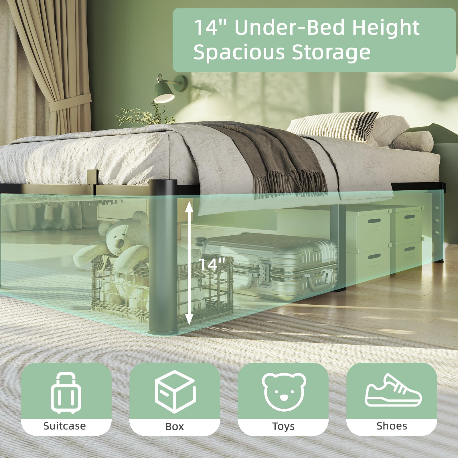 COZPAW Queen Size Metal Platform Bed Frame with Storage - 14/ 18 Inch Height, Heavy Duty 3500 lbs Capacity, Anti-Squeak Design, No Box Spring Needed, Easy Assembly