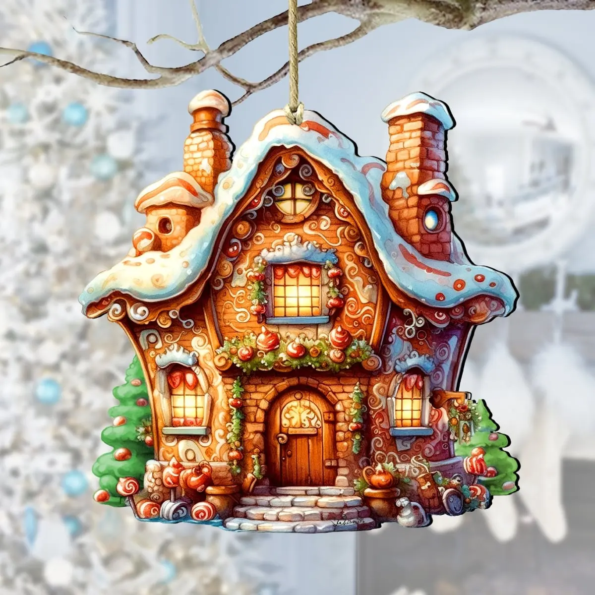 Designocracy 8100191-1 Handmade Artistic Fairy Tale House Wooden Christmas Ornaments, 5x5.5x0.25in UV Protected Holiday Home Decor Collectibles, Family Gift with Gift Bag