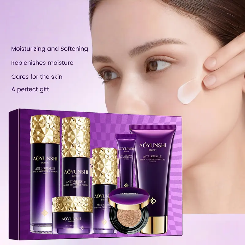 A seven-piece facial care set, including cleanser, toner, moisturizing lotion, serum, eye cream, face cream, and foundation, offers hydrating, moisturizing, and firming benefits.  Perfect as a Valentine's Day gift, Mother's Day gift, or everyday gift.