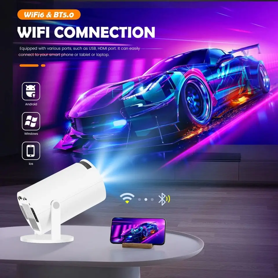 4K Mini Projector 10000 Lumen LED 1080P UHD WiFi Bluetooth Portable Home Theater with Netflix YouTube Google Play Android 12 250 Lumen LED for Immersive Entertainment