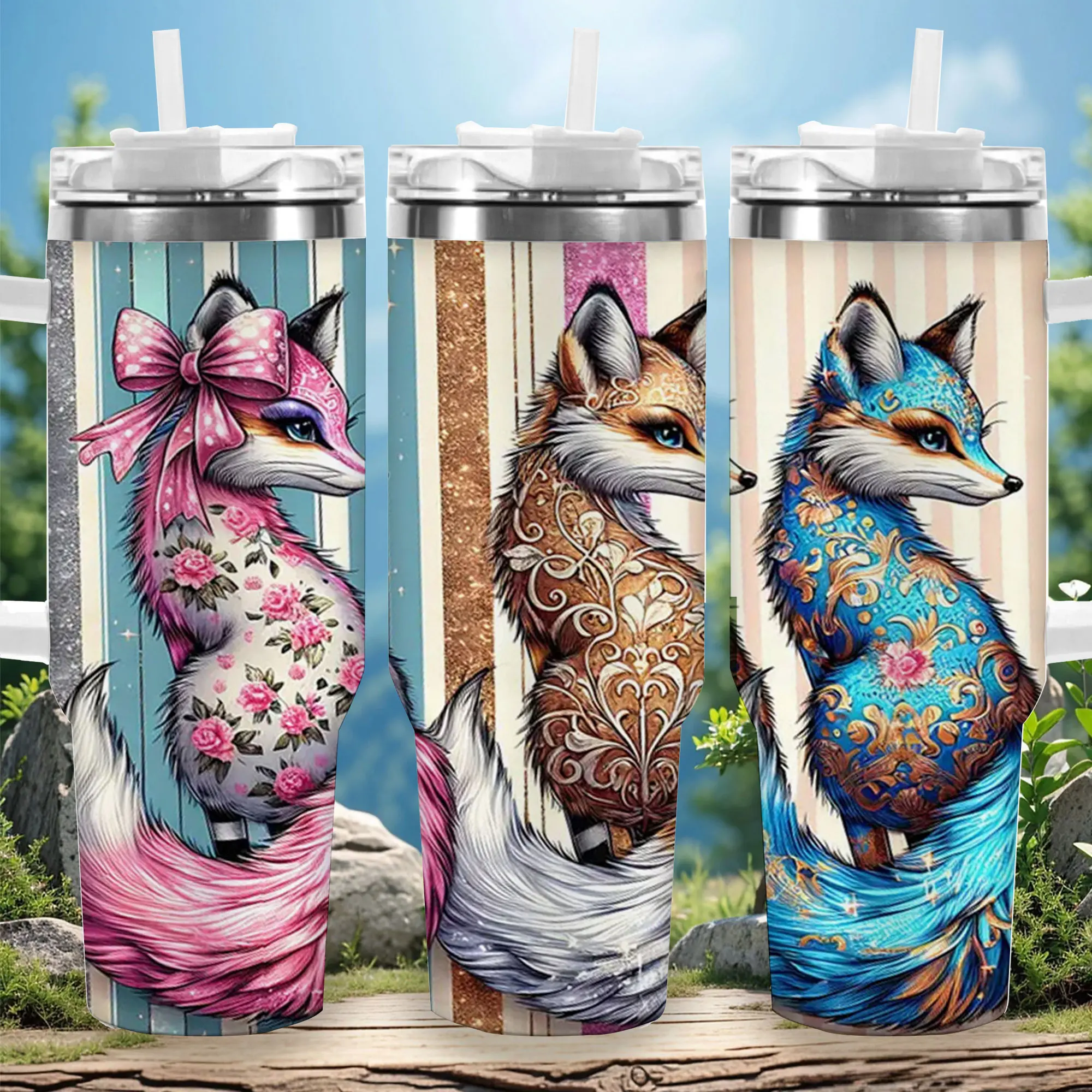 1pc 40oz Whimsical Floral Fox Insulated Travel Tumbler with Lid - Vacuum Flask Coffee Cup, Gift-Ready Weird Animal-Themed Flask, 1000-2000ml Capacity, Ideal Gift for Women for Halloween, Independence Day Occasions
