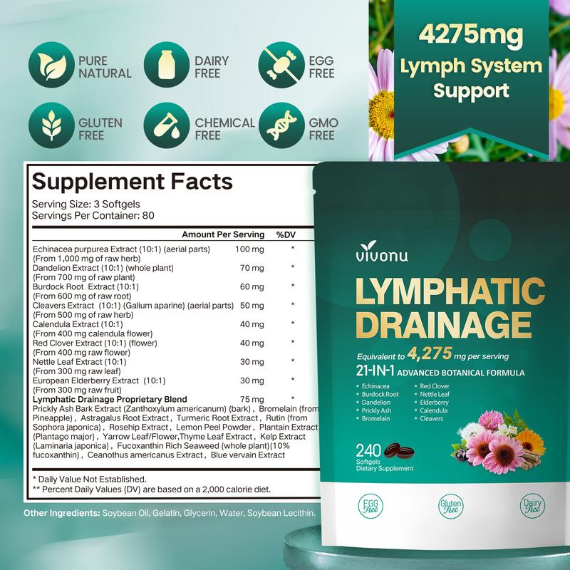 VivoNu  Lymphatic- Supports Lymphatic Circulation | Detox & Reduces Swelling | Key Ingredients: Echinacea, Dandelion, Nettle, Burdock, Calendula, Red Clover | 240 Capsules | Supports Immune System & Metabolism
