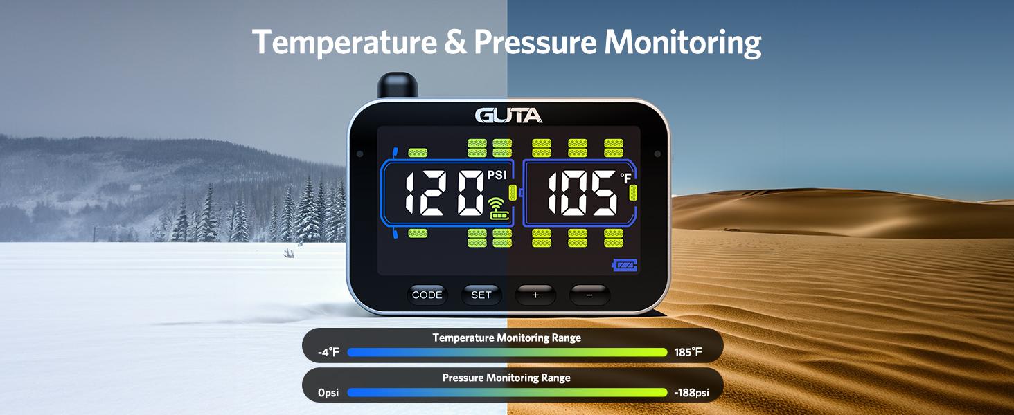 GUTA Trailer Tire Pressure Monitoring System, RV Tire Pressure Monitor with 6 Alert Modes, Power Saving Mode, Large Color Display, Long Sensing Distance, 0-188PSI TPMS for RV Trailer Semi GUTA Trailer Tire Pressure Monitoring System, RV Tire Pressure Monitor with 6 Alert Modes, Power Saving Mode, Large Color Display, Long Sensing Distance, 0-188PSI TPMS for RV Trailer Semi