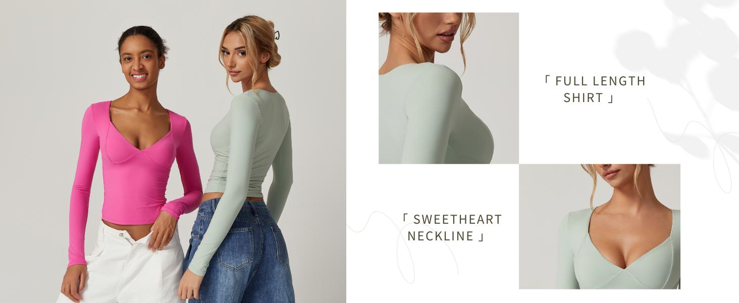 QINSEN V Neck Tops for Women Long Sleeve Crop Tops Double Lined Seamed Cup T Shirts