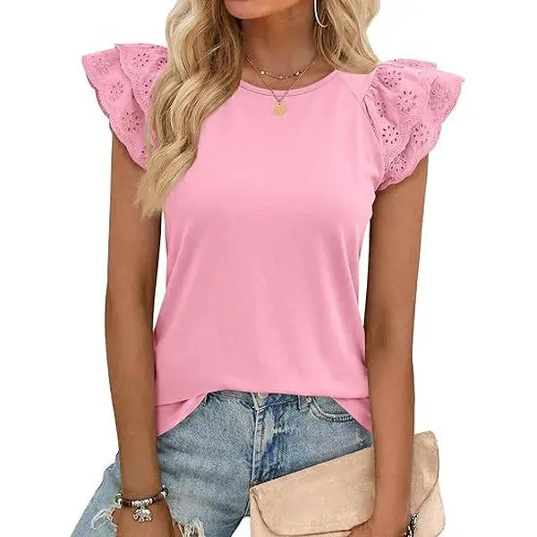 Cicy Bell Womens Ruffle Cap Sleeve T-Shirt Dressy Casual Summer Lace Tank Tops Crewneck Cute Basic Tee with Unique Lace Design
