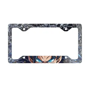 Anime Warrior Eyes Metal License Plate Frame Blue Lightning Border Glossy White Aluminum Unique Cut Pre Drilled Holes Standard Size