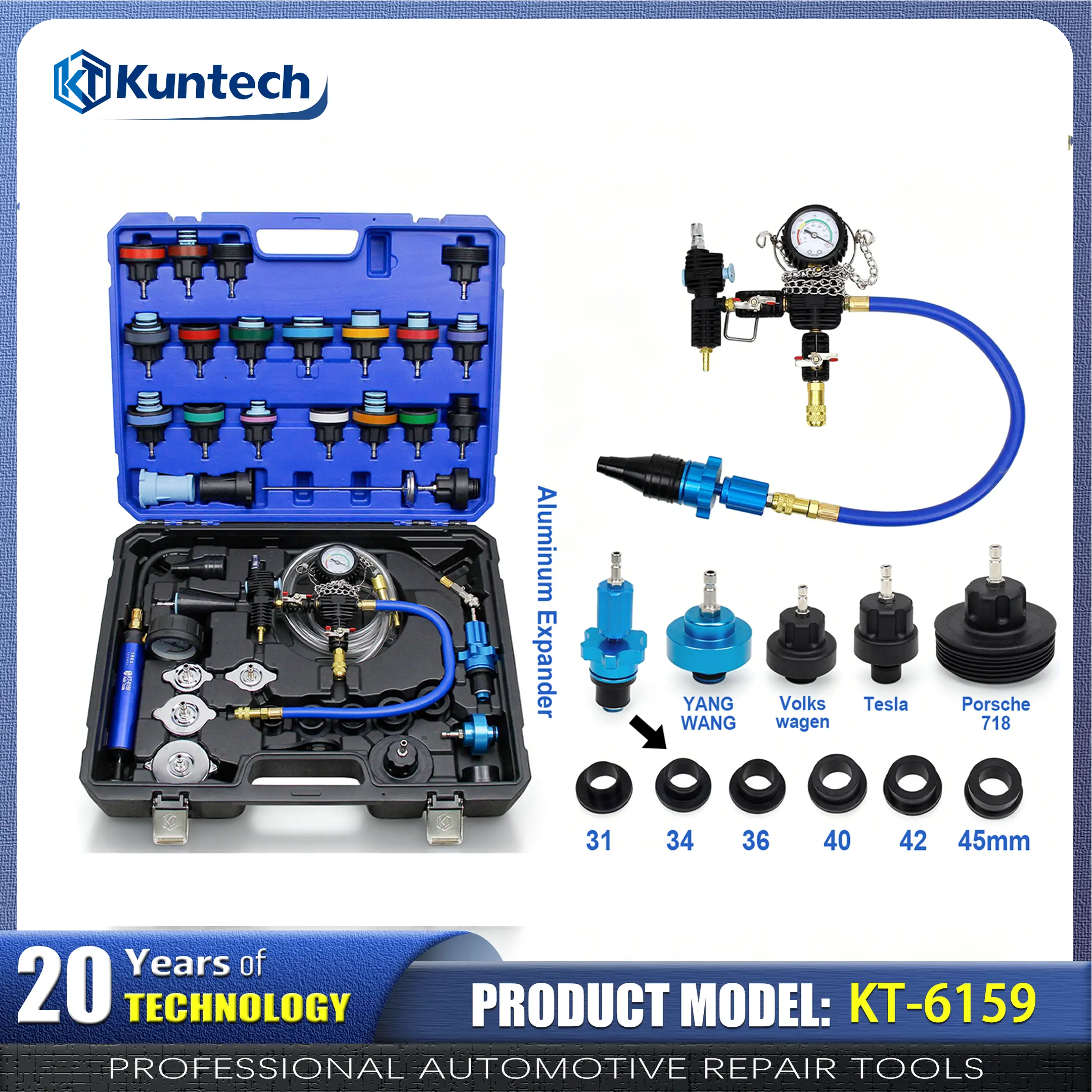 42PCS Universal Radiator Pressure Tester Kit KT-6159 - 2-in-1 Function Auto Repair Tool for Auto Repair Shops, DIY Enthusiasts to Test Leaks, Refill Coolant in Automotive Cooling Systems