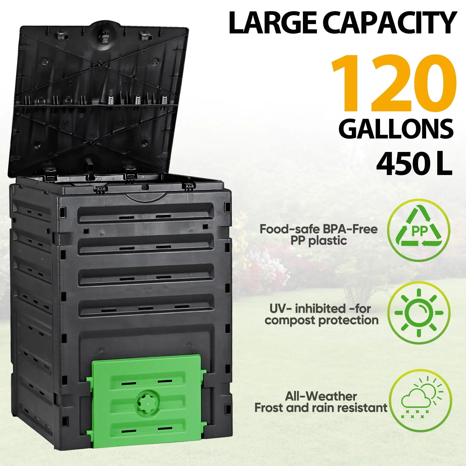 ZENY 120 gal/450 L High Capacity Waste & Recycling Plastic Compost Tumbler Bin - Heavy-Duty Portable Outdoor Bin with Locking Top, UV-Inhibited, Corrosion-Resistant, Eco-Friendly, Tool-Free Setup, Wide Opening, All-Side Vents for Garden Use